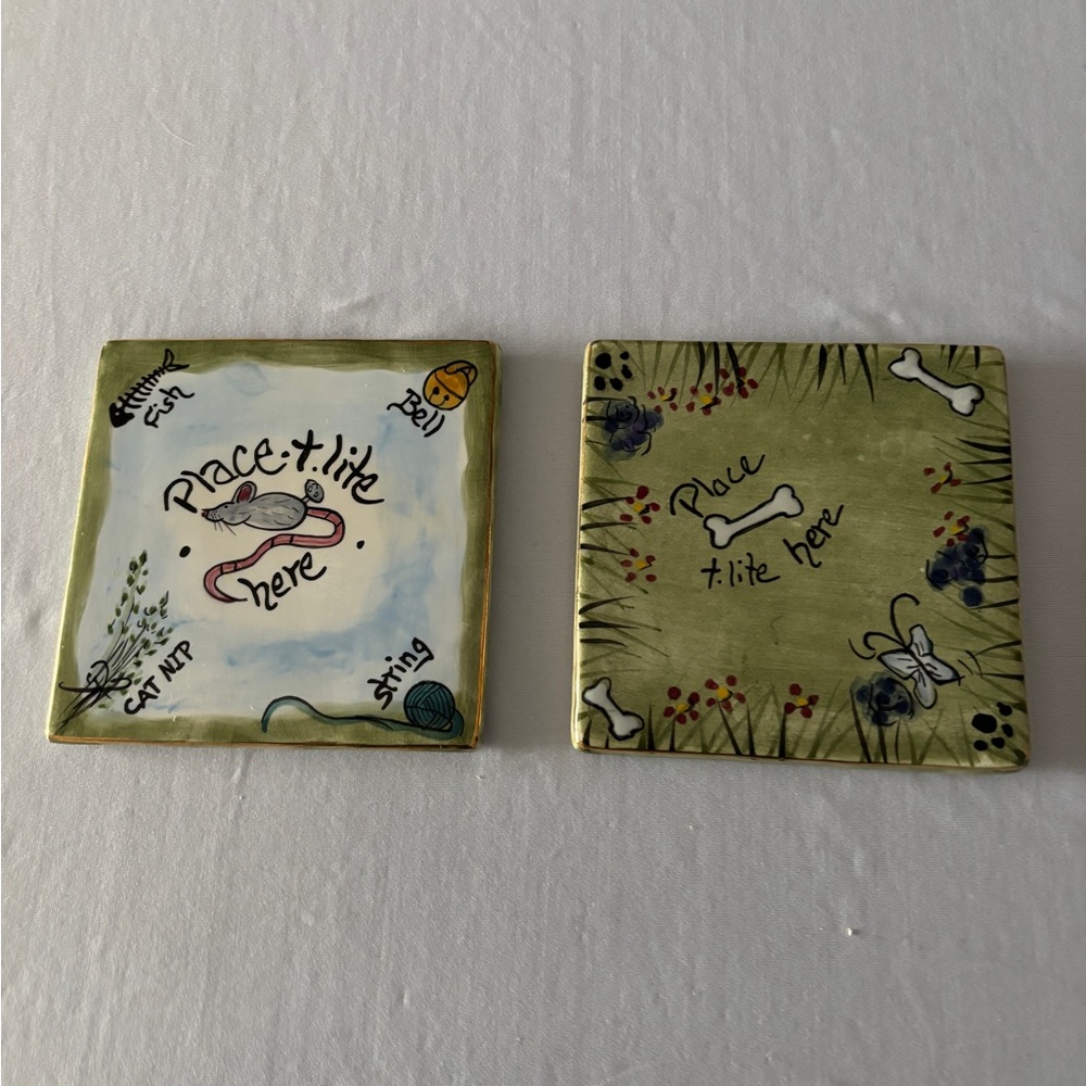 Blue Sky Clayworks Cat &Dog Ceramic Pet Plates or Trivets Set of 2